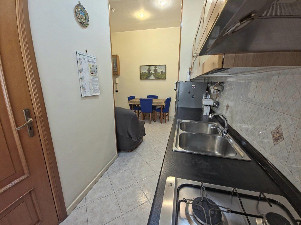 Cucina con piano cottura e vista sulla zona pranzo